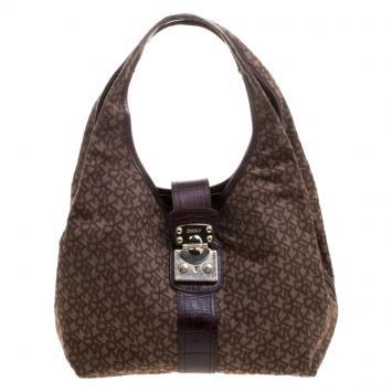 Pre Owned DKNY Dark Brown Signature Canvas Croc Trim Town and Country Hobo