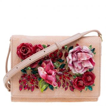 Pre Owned Dolce and Gabbana Beige Fabric Embroidered Floral Miss Anna Crossbody Bag