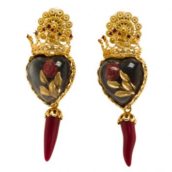 Pre Owned Dolce and Gabbana Sacred Heart Crown & Red Rose Gold Tone Clip-on Long Earrings