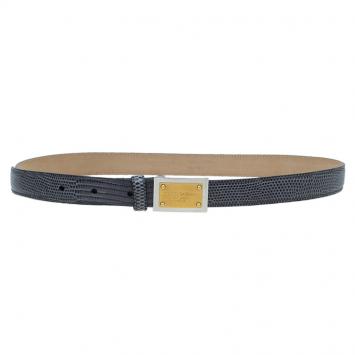 Pre Owned Dolce and Gabbana Grey Python Embossed Leather Logo Plaque Belt 75CM