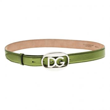 Pre Owned Dolce and Gabbana Metallic Green Logo Buckle Belt 80 CM