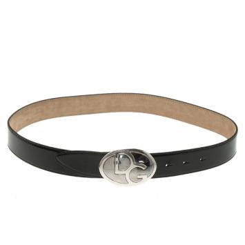 Pre Owned Dolce and Gabbana Black Patent Logo Buckle Belt Size 80 CM