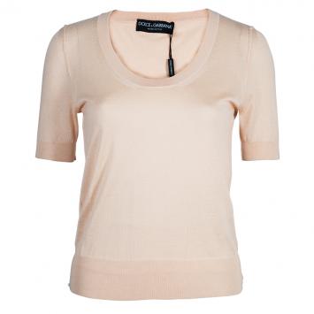 Pre Owned Dolce and Gabbana Beige Short Sleeve Knit Top S