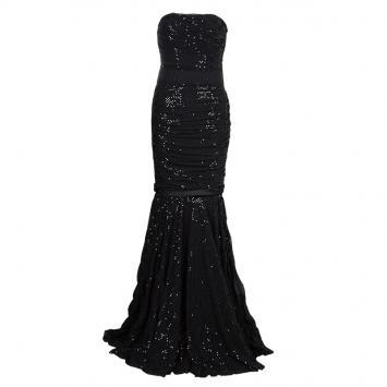 Pre Owned Dolce and Gabbana Black Sequin Embellished Ruched Strapless Gown M