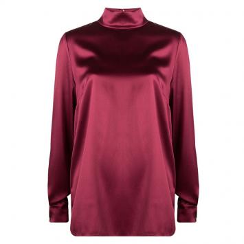 Pre Owned Dolce And Gabbana Red Satin Mandarin Collar Long Sleeve Blouse L