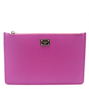 Pre Owned Dolce and Gabbana Pink Leather Zip Clutch
