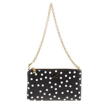 Pre Owned Dolce and Gabbana Black/White Polka Dot Leather Chain Clutch