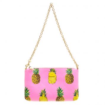 Pre Owned Dolce and Gabbana Pink Pineapple Print Leather Chain Clutch