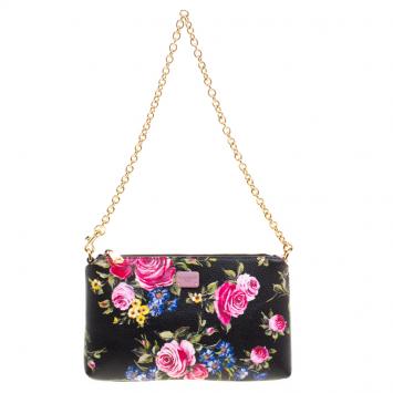 Pre Owned Dolce and Gabbana Black Rose Print Leather Chain Clutch 