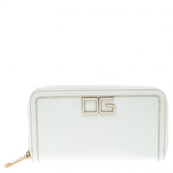 Pre Owned Dolce and Gabbana White Leather Zip Around Long DG Wallet