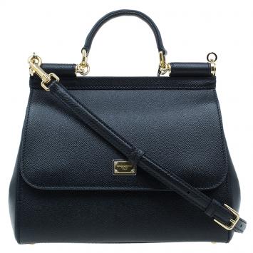 Pre Owned Dolce and Gabbana Black Leather Medium Miss Sicily Tote Bag