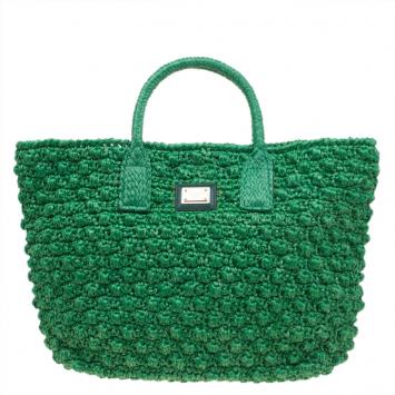 Pre Owned Dolce and Gabbana Green Raffia Miss Alma Shopping Tote with Pouch