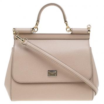 Pre Owned Dolce and Gabbana Nude Leather Medium Miss Sicily Top Handle Bag
