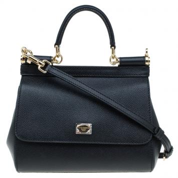 Pre Owned Dolce and Gabbana Black Leather Small Miss Sicily Top Handle Bag