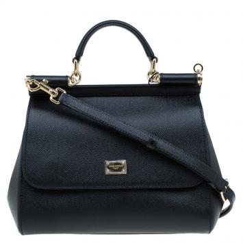 Pre Owned Dolce and Gabbana Black Leather Medium Miss Sicily Top Handle Bag