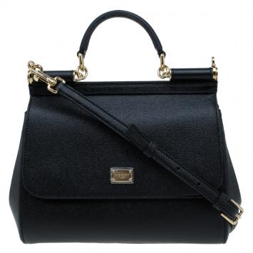 Pre Owned Dolce and Gabbana Black Leather Medium Miss Sicily Top Handle Bag