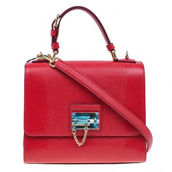 Pre Owned Dolce and Gabbana Red Lizard Embossed Leather Medium Miss Monica Top Handle Bag