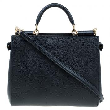 Pre Owned Dolce and Gabbana Black Leather Medium Miss Sicily Shopper Bag