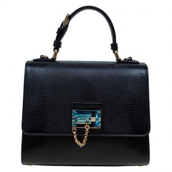 Pre Owned Dolce and Gabbana Black Lizard Embossed Leather Medium Monica Tote