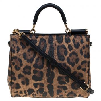 Pre Owned Dolce and Gabbana Leopard Print Leather Medium Miss Sicily Shopper Tote