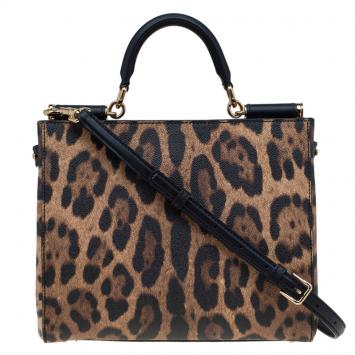 Pre Owned Dolce and Gabbana Leopard Print Leather Medium Miss Sicily Shopper Tote