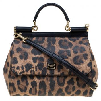 Pre Owned Dolce and Gabbana Leopard Print Leather Medium Miss Sicily Top Handle Bag