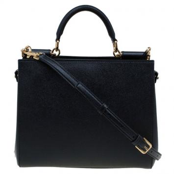 Pre Owned Dolce and Gabbana Black Leather Medium Miss Sicily Shopper Tote