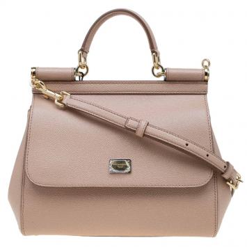 Pre Owned Dolce and Gabbana Beige Leather Medium Miss Sicily Top Handle Bag