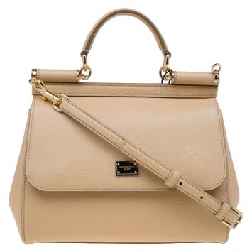 Pre Owned Dolce and Gabbana Beige Leather Medium Miss Sicily Top Handle Bag