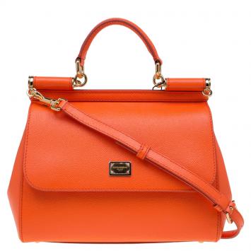 Pre Owned Dolce and Gabbana Orange Leather Medium Miss Sicily Top Handle Bag
