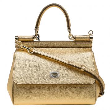Pre Owned Dolce and Gabbana Gold Leather Small Miss Sicily Top Handle Bag