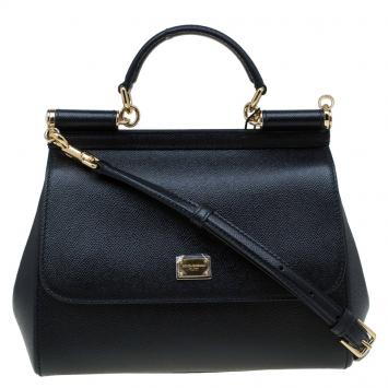مملوكة مسبقًا Dolce and Gabbana Black Leather Medium Miss Sicily Top Handle Bag