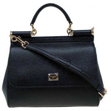 Pre Owned Dolce and Gabbana Black Leather Medium Miss Sicily Top Handle Bag