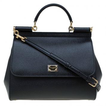 Pre Owned Dolce and Gabbana Black Leather Miss Sicily Top Handle Bag