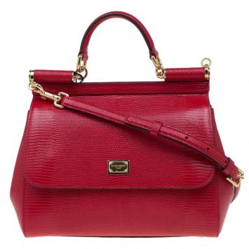 Pre Owned Dolce and Gabbana Red Lizard Embossed Leather Medium Miss Sicily Top Handle Bag