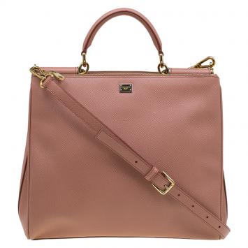 Pre Owned Dolce and Gabbana Peach Leather Large Miss Sicily Tote