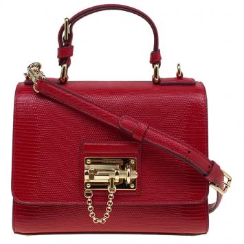 Pre Owned Dolce and Gabbana Red Lizard Embossed Leather Small Monica Tote