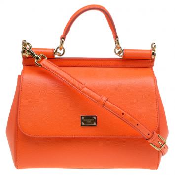 Pre Owned Dolce and Gabbana Orange Leather Medium Miss Sicily Top Handle Bag