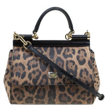 Pre Owned Dolce and Gabbana Leopard Print Leather Small Miss Sicily Top Handle Bag