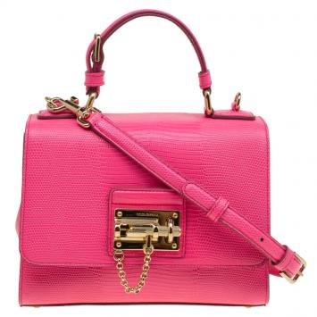 Pre Owned Dolce and Gabbana Pink Lizard Embossed Leather Small Monica Tote