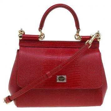 Pre Owned Dolce and Gabbana Red Lizard Embossed Leather Small Miss Sicily Top Handle Bag