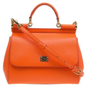 Pre Owned Dolce and Gabbana Orange Leather Medium Miss Sicily Top Handle Bag
