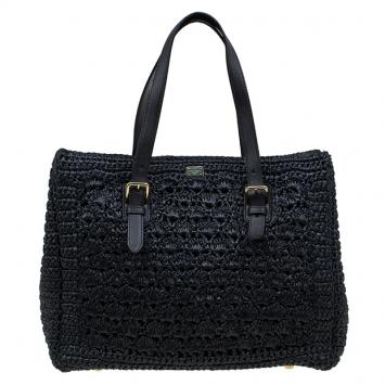 Pre Owned Dolce and Gabbana Black Raffia Crochet Alma Tote