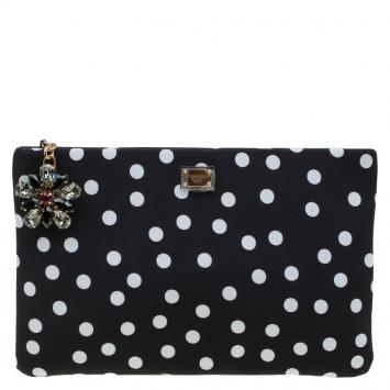 Pre Owned Dolce and Gabbana Black Polka Dots Fabric Charmeuse Clutch