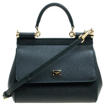 Pre Owned Dolce and Gabbana Dark Green Leather Small Miss Sicily Top Handle Bag
