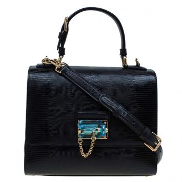 Pre Owned Dolce and Gabbana Black Lizard Embossed Leather Medium Monica Tote