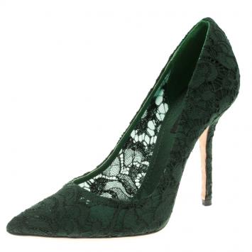 Pre Owned Dolce and Gabbana Forest Geen Lace Pointed Toe Pumps Size 39
