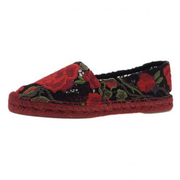 Pre Owned Dolce and Gabbana Rose Embroidered Macrame Espadrilles Size 37