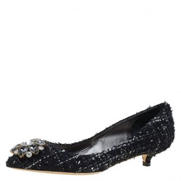 Pre Owned Dolce and Gabbana Black Tweed Crystal Embellished Pointed Toe Pumps Size 38.5
