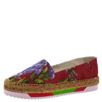 Pre Owned Dolce and Gabbana Red Floral Printed Fabric Platform Espadrille Flats Size 39
